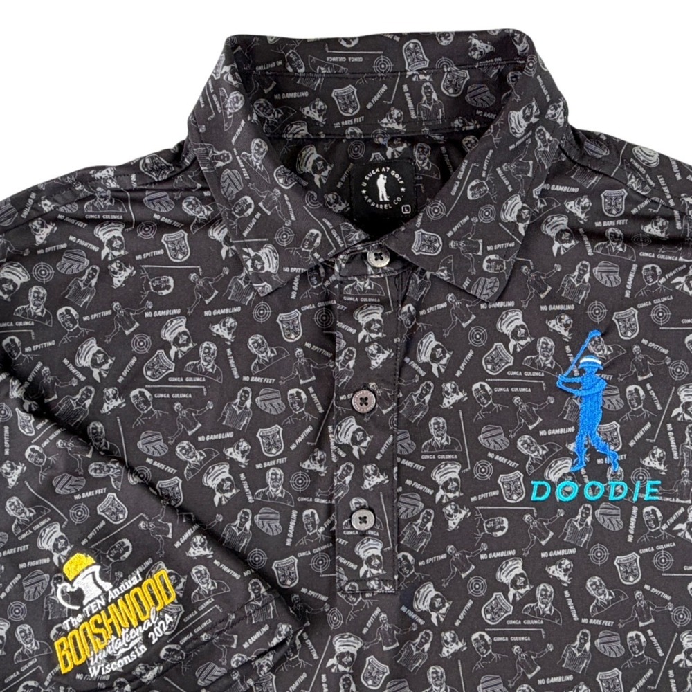 U Suck At Golf Caddyshack Bushwood Polo Shirt Mens Large Black Doodie Golfing